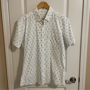 Far Afield Musical Instruments Short Sleeve Button Front Shirt White Blue Size M